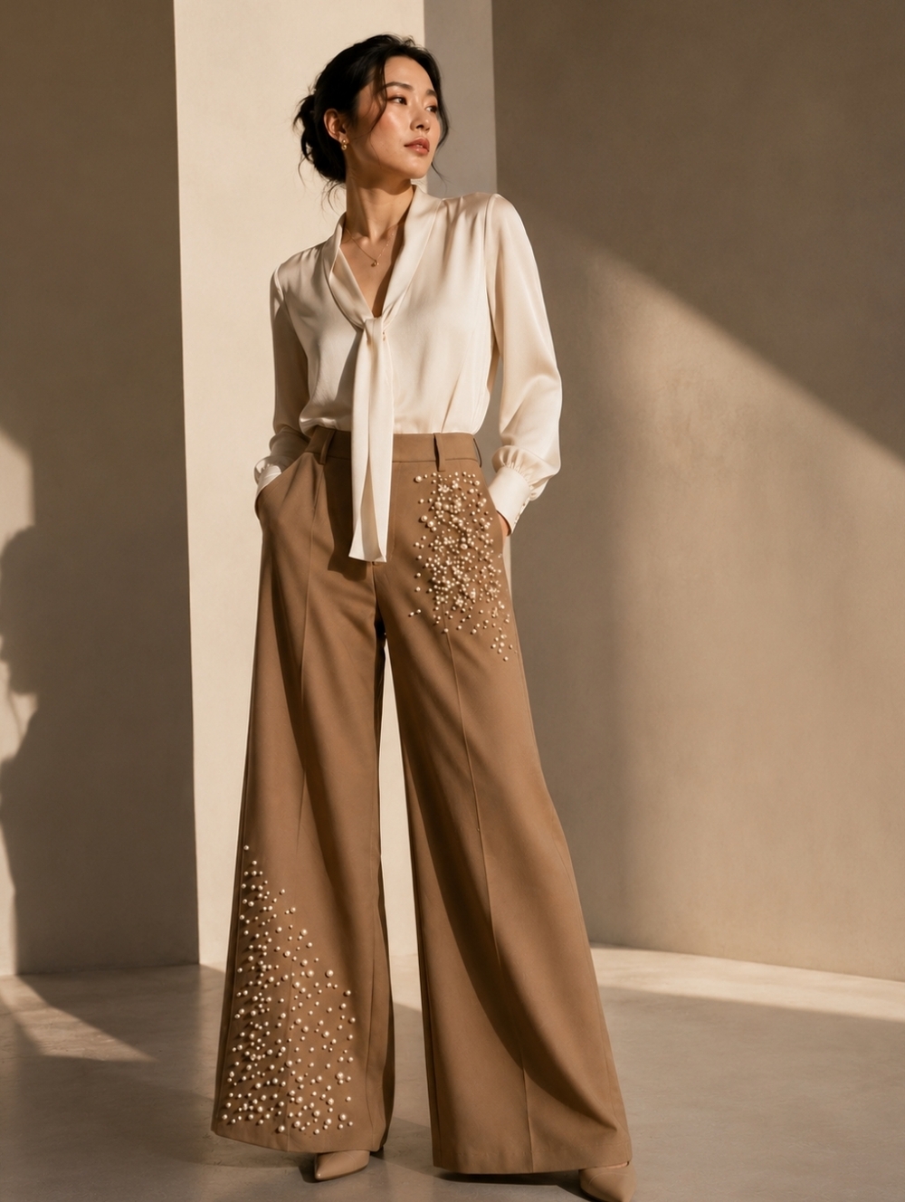 Wide-Leg Embellished Trousers in Camel